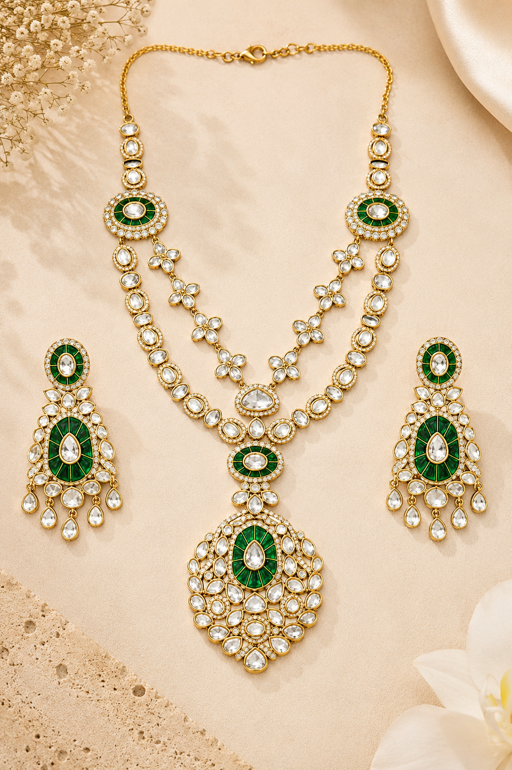 Emerald Polki Pendant Necklace Set
