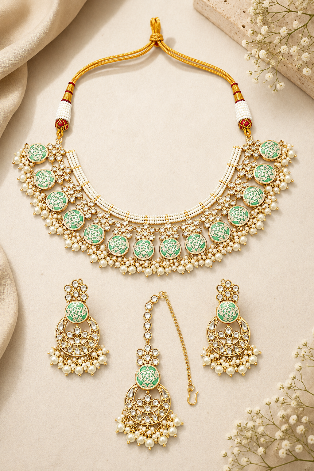 Mint Meenakari Pearl Choker Set
