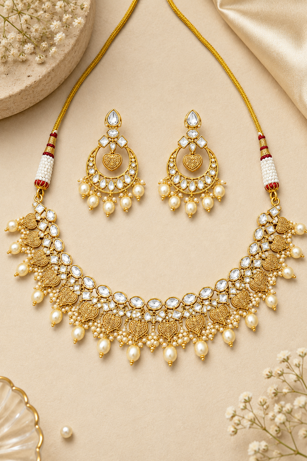 Royal Pearl Heart Charm Necklace Set