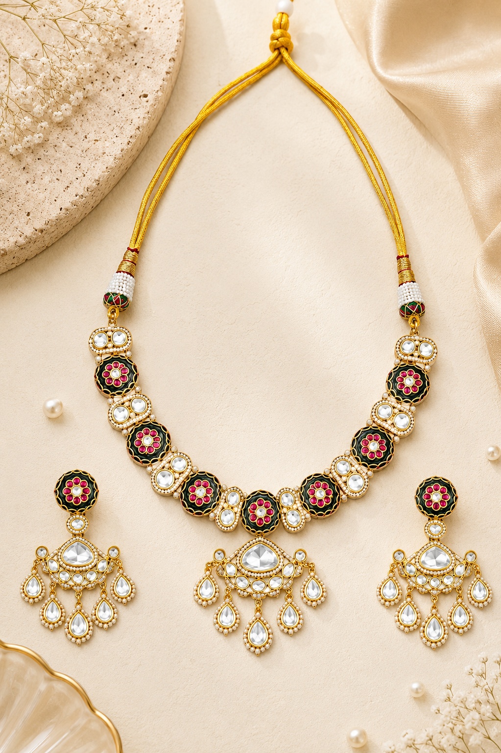 Black Floral Kundan Necklace Set