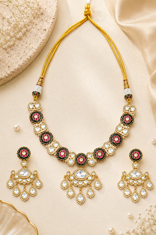 Black Floral Kundan Necklace Set