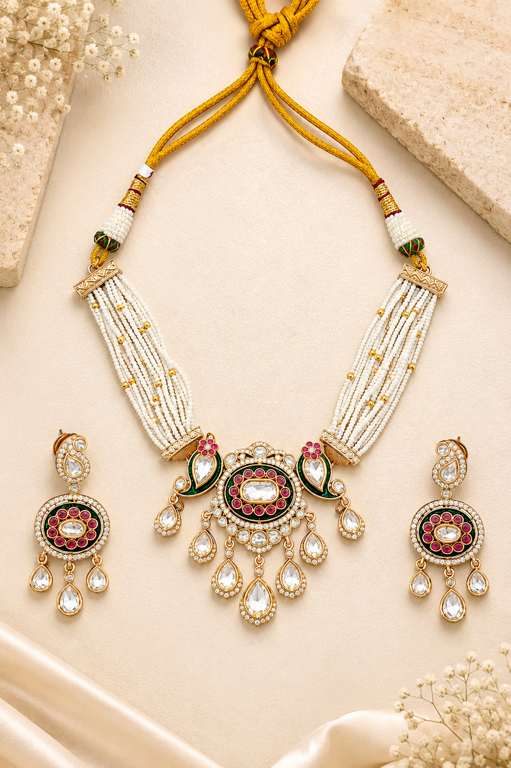 Pearl Strand Polki Pendant Set