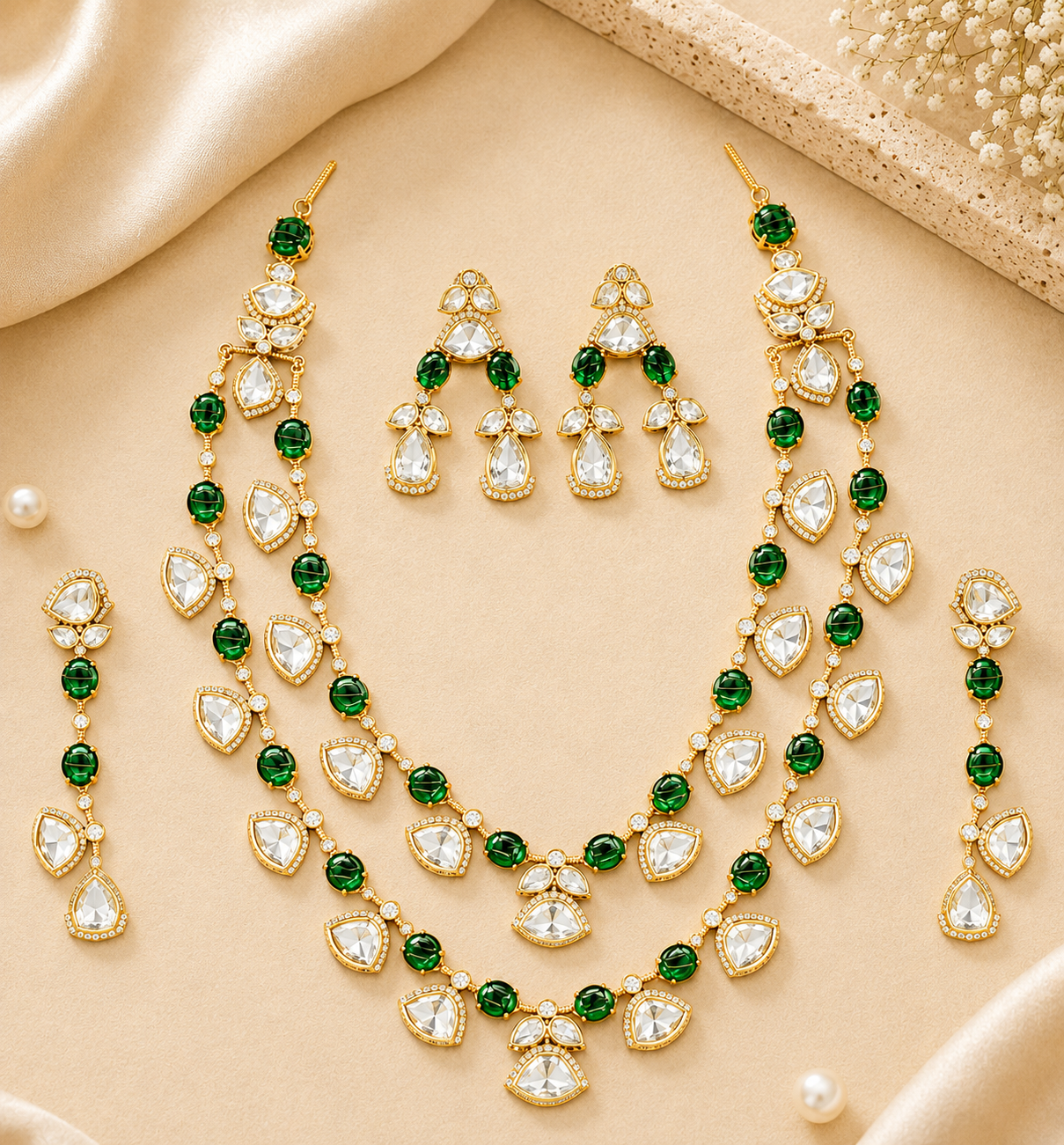 Emerald Double Layer Crystal Necklace Set