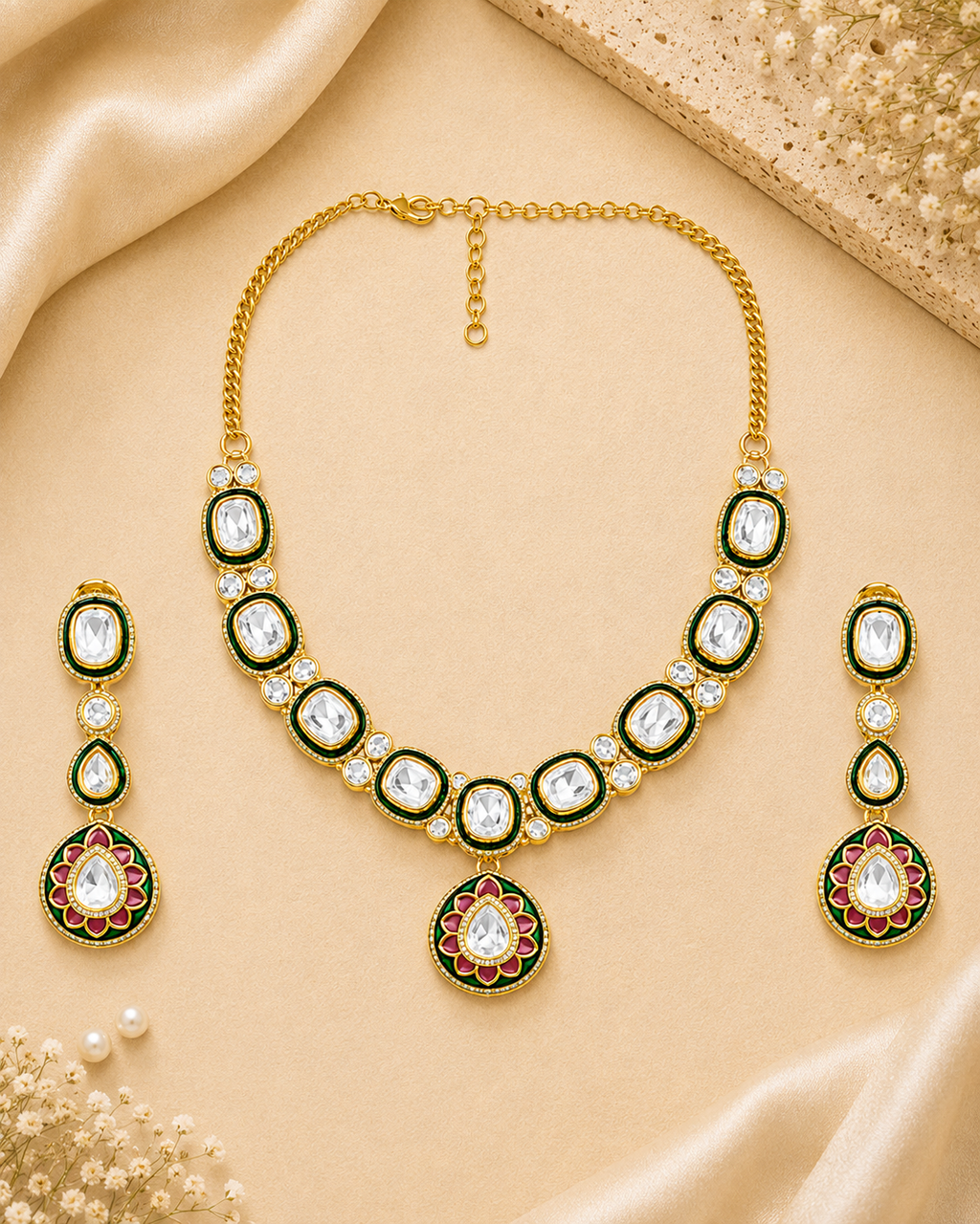 Emerald Floral Pendant Necklace Set