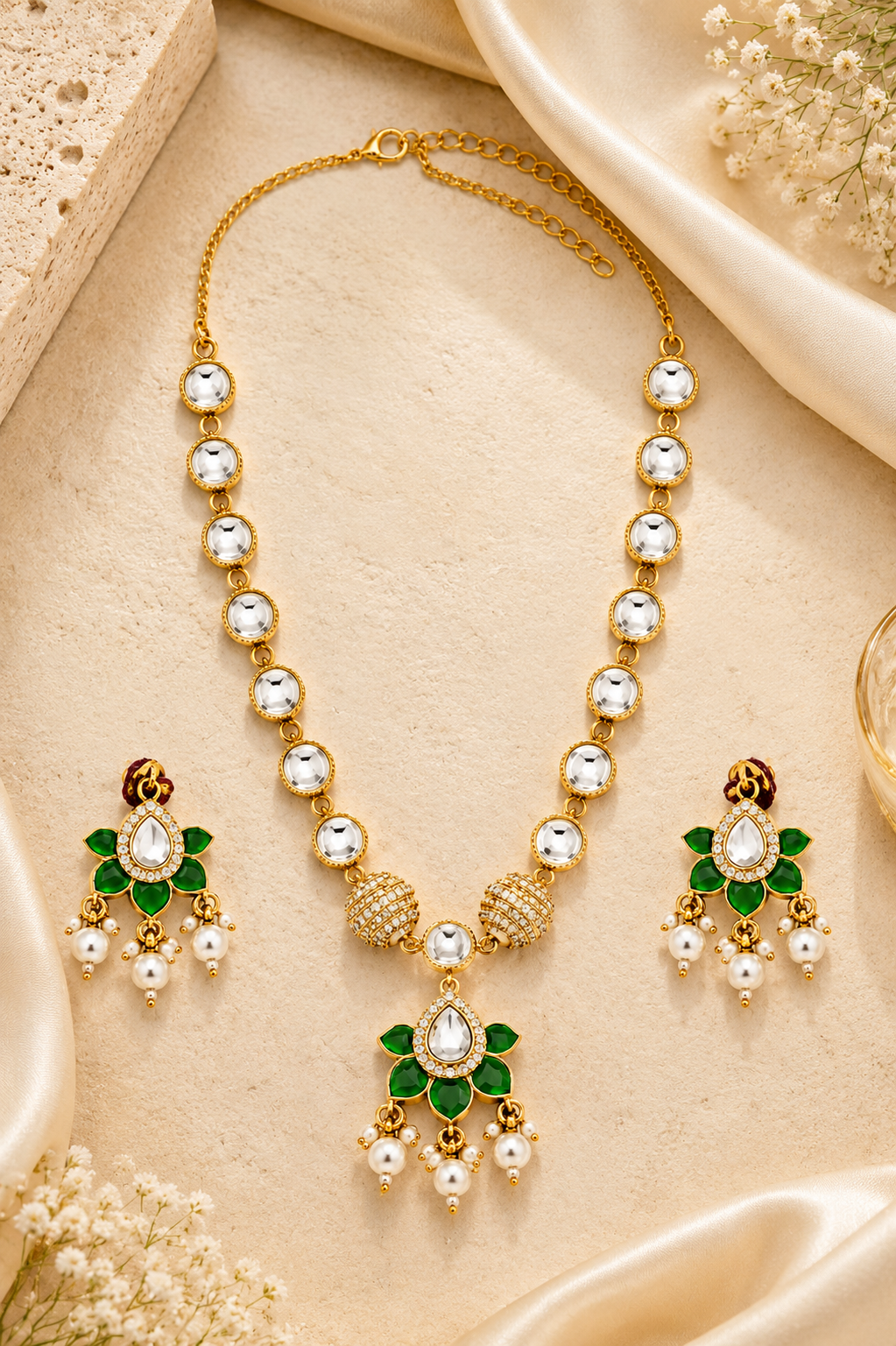 Green Floral Pearl Pendant Necklace Set