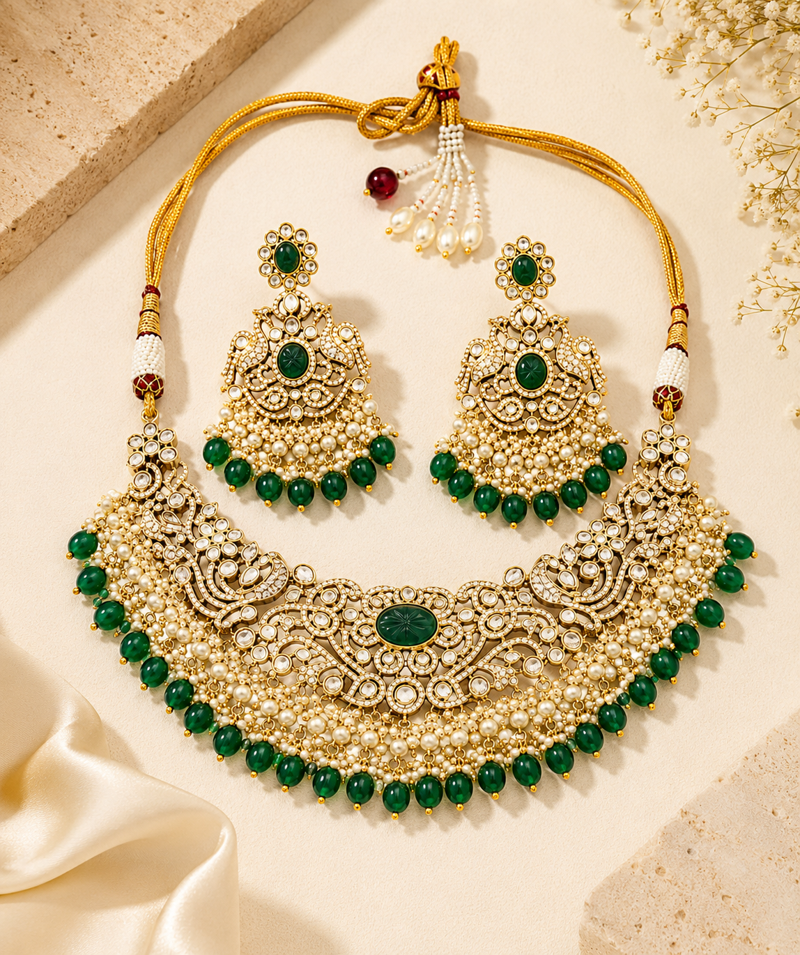 Emerald Pearl Polki Bridal Choker Set