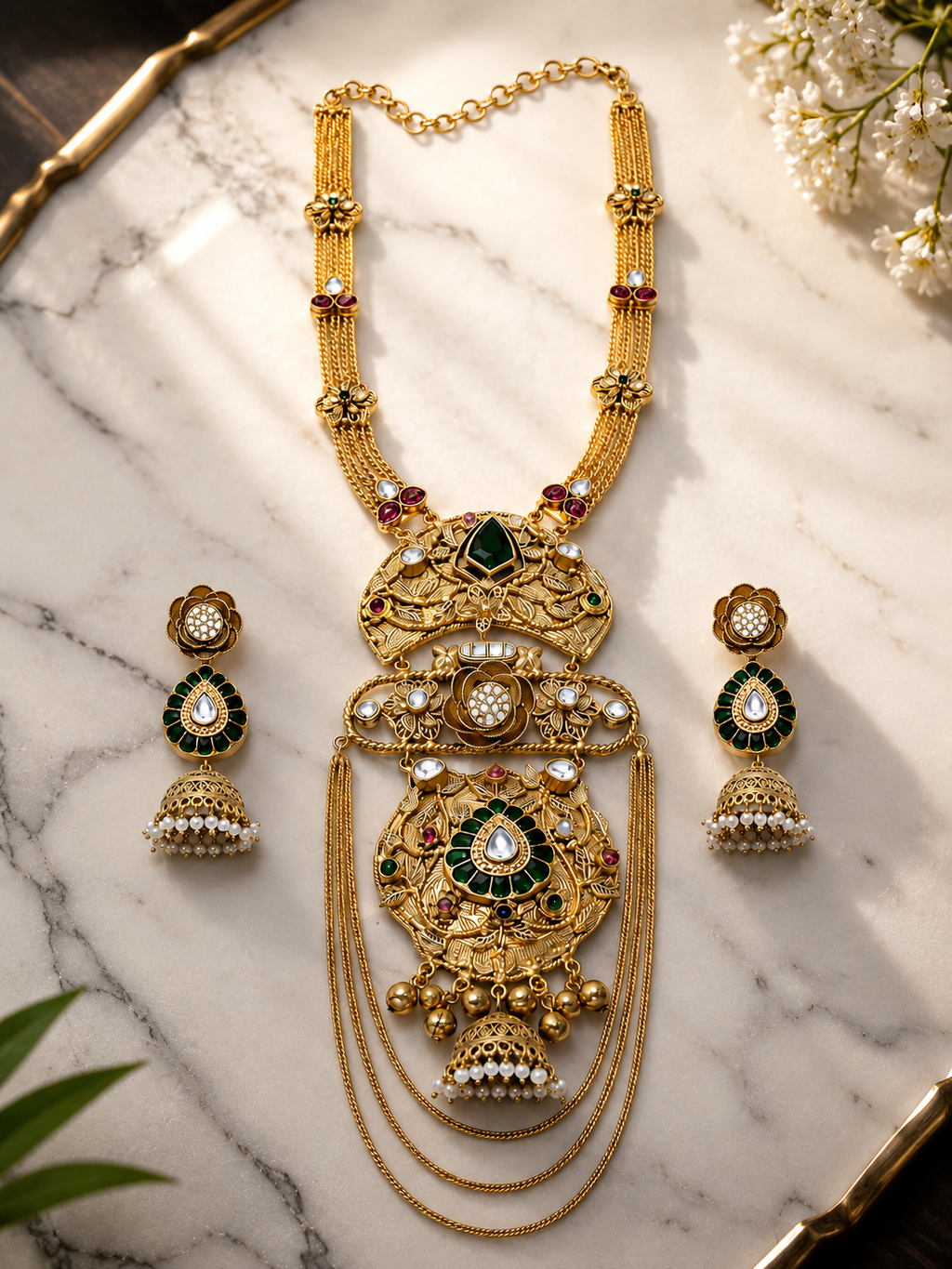 Emerald Floral Designer Necklace Set