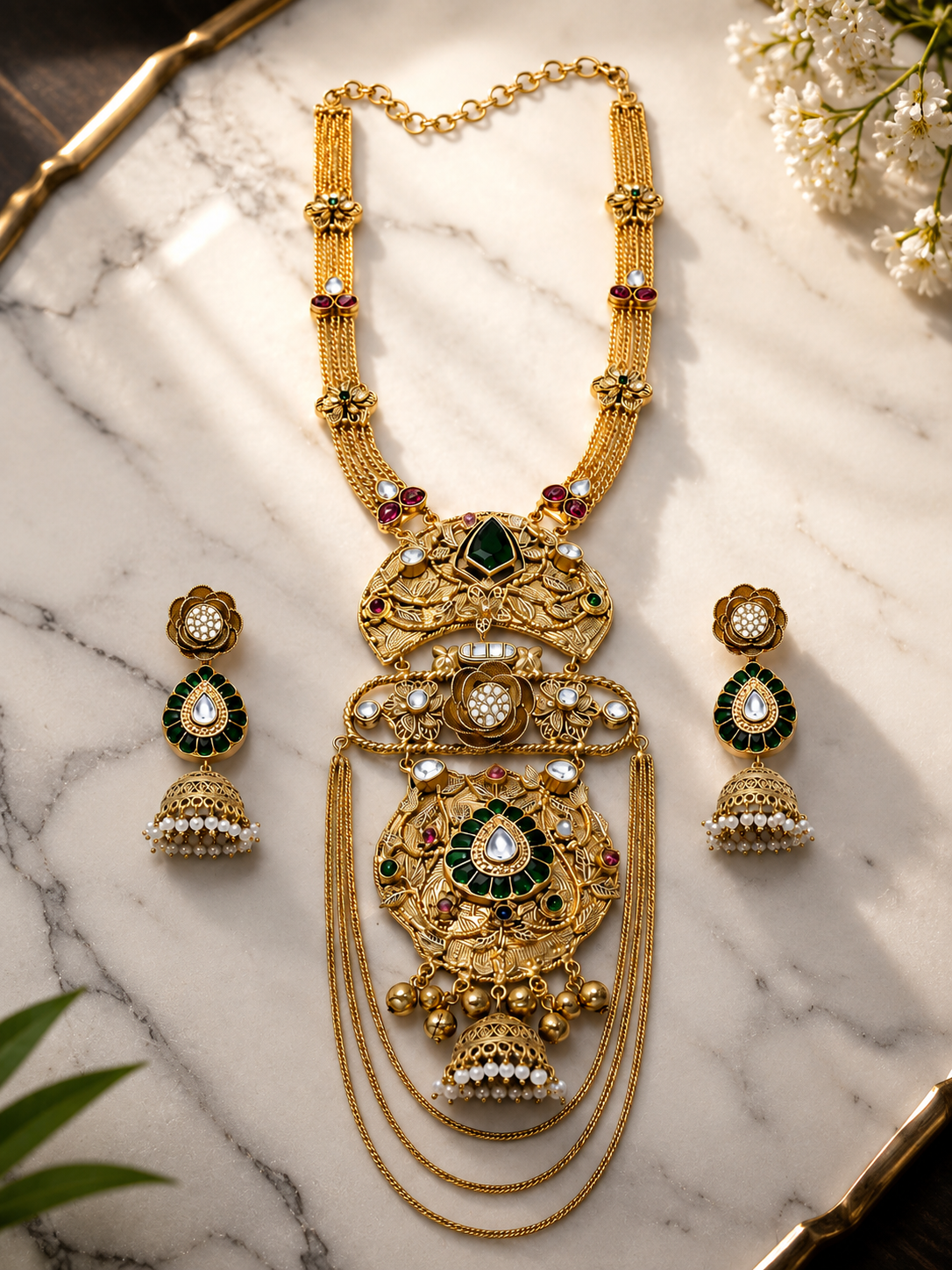 Emerald Floral Designer Necklace Set
