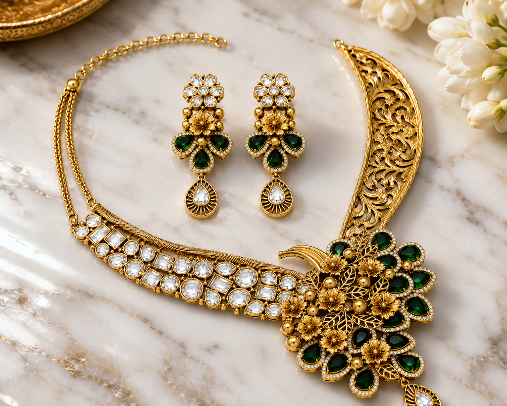 Emerald Floral One-Sided Necklace Set