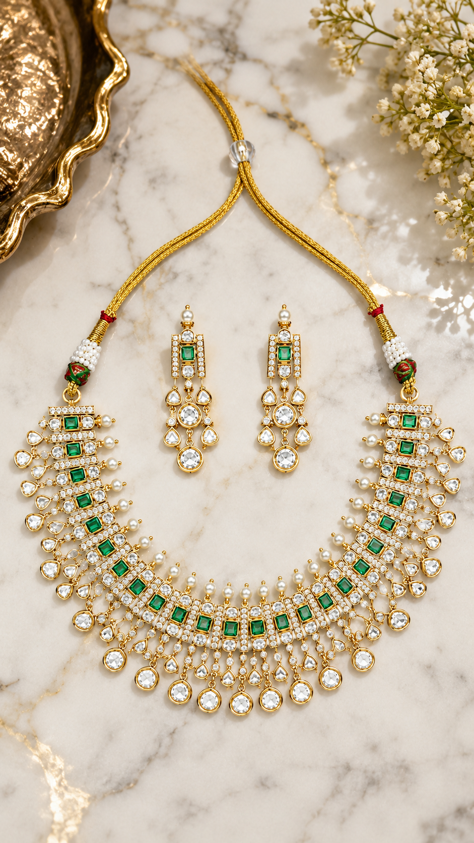 Emerald Pearl Fringe Choker Set