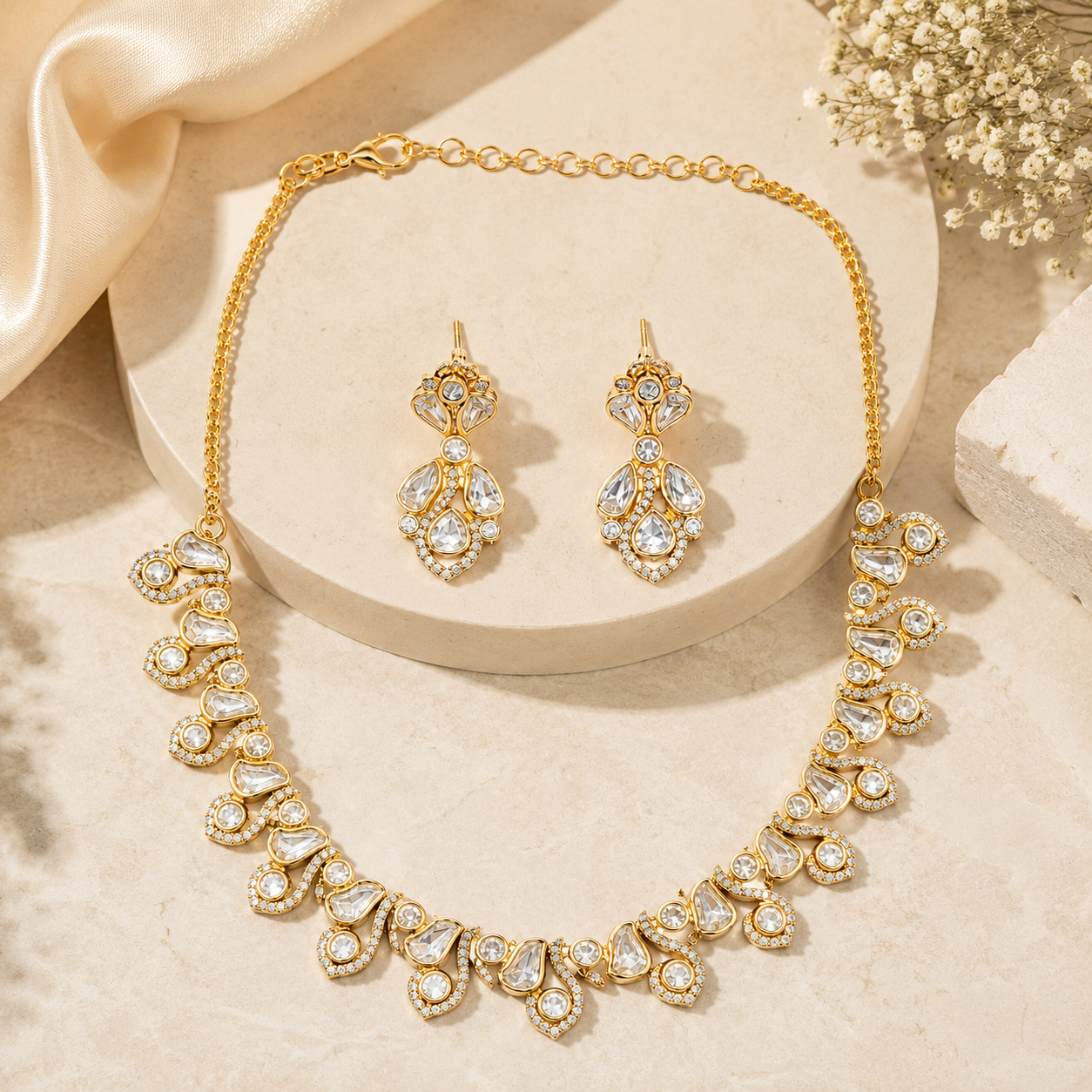 Zaria Leaf Cascade Polki Necklace Set with Matching Earrings