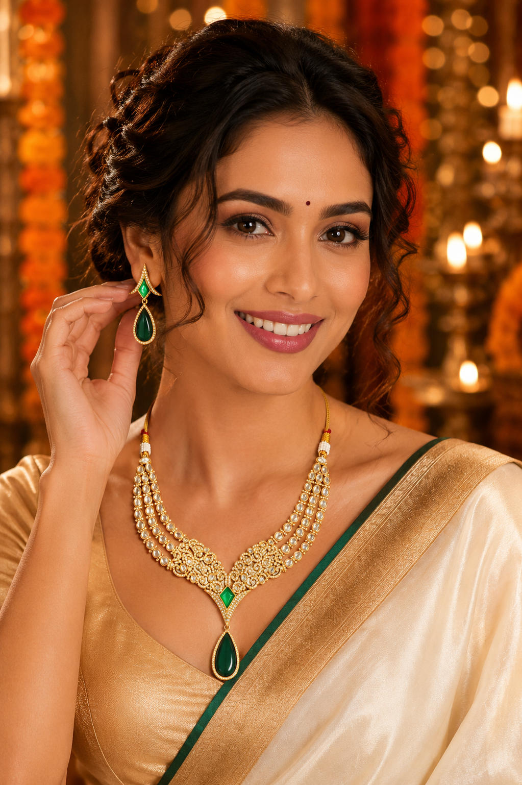 Emerald Elegance Kundan Necklace Set