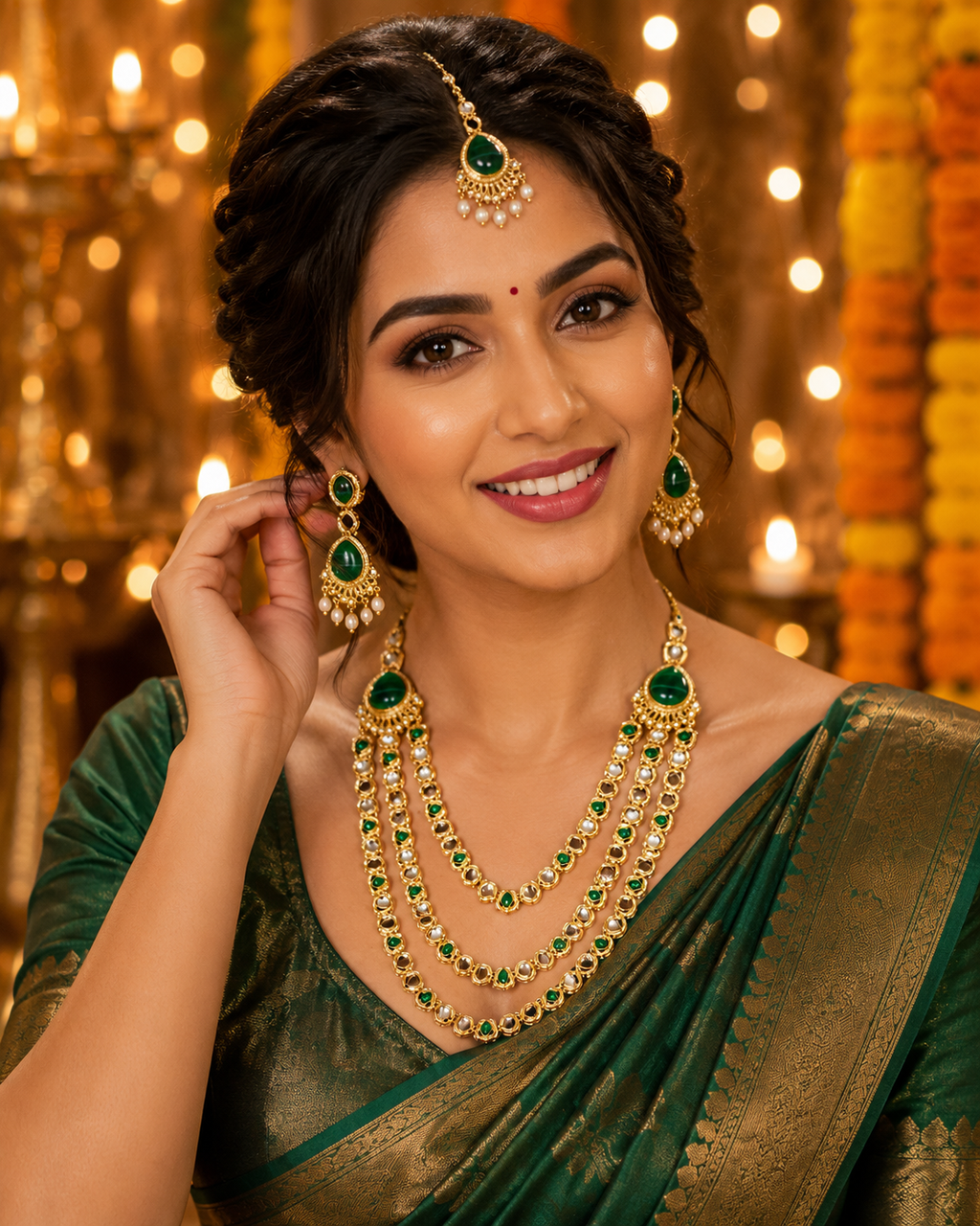 Emerald Grace Three Layer Kundan Necklace Set