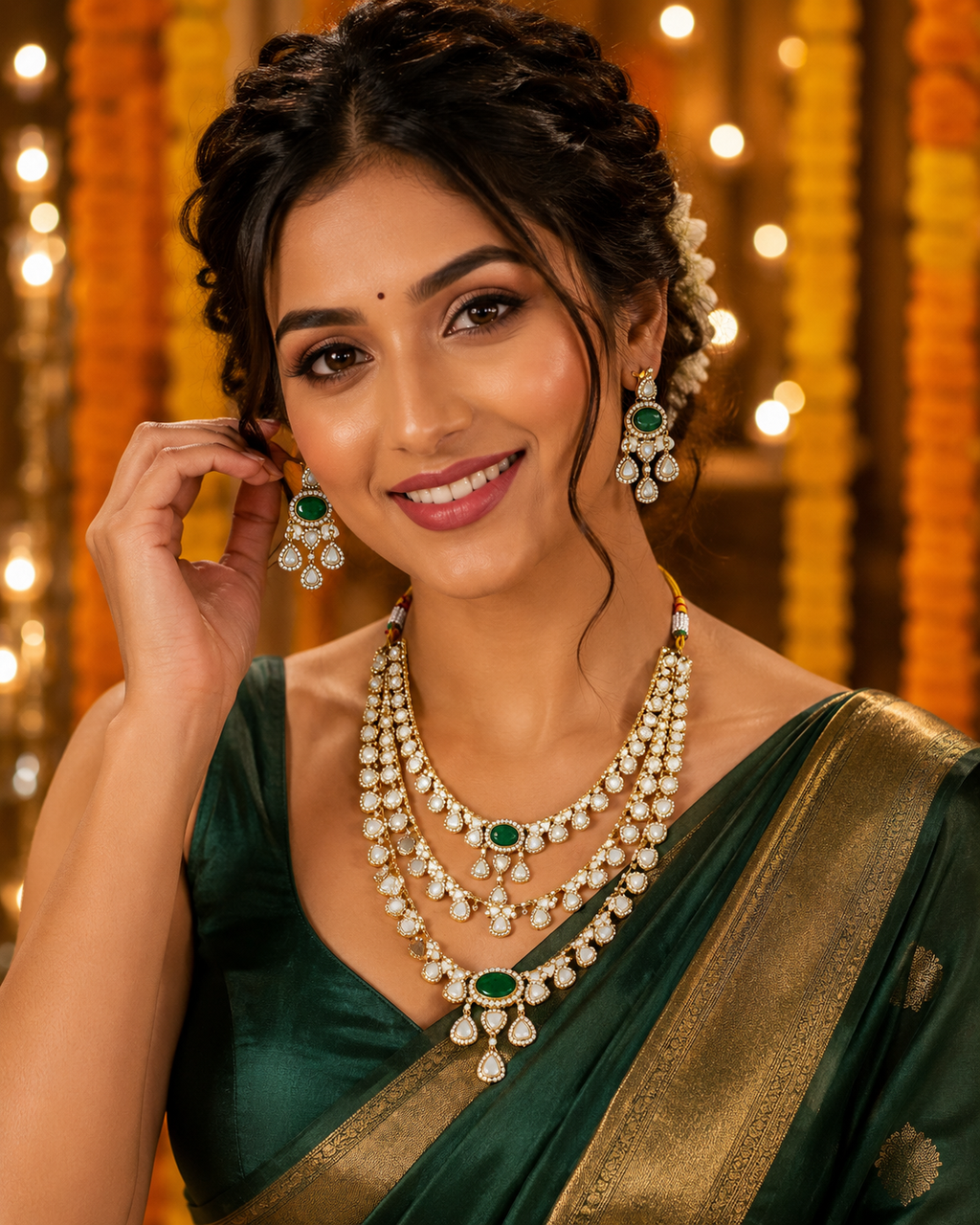 Emerald Royale Five Layer Polki Necklace Set