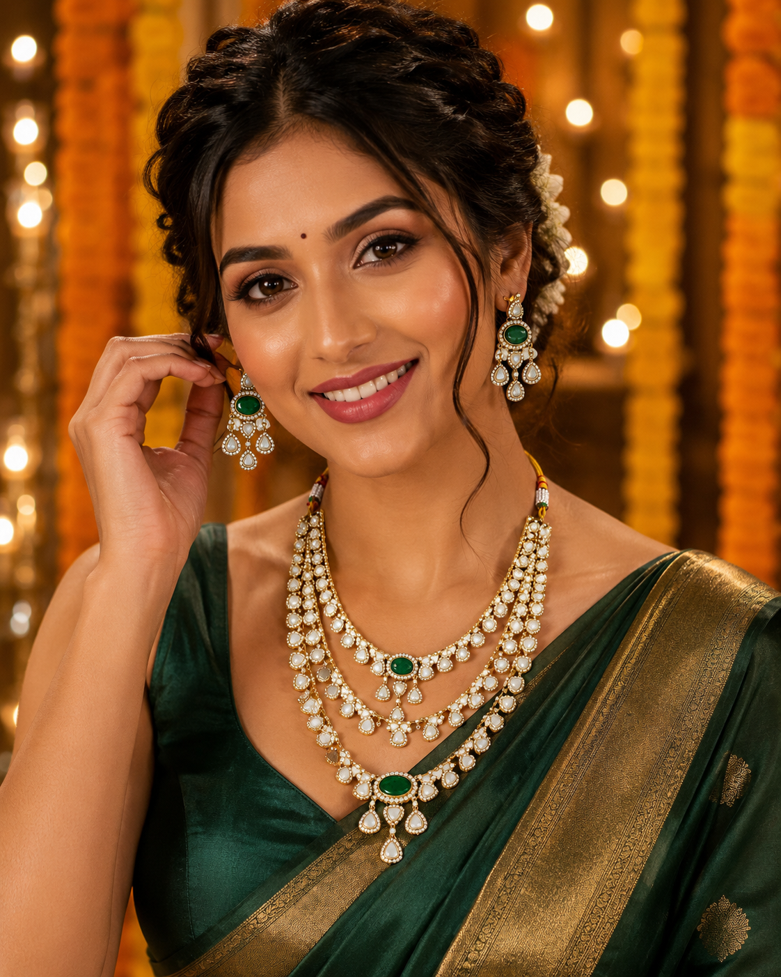Emerald Royale Five Layer Polki Necklace Set