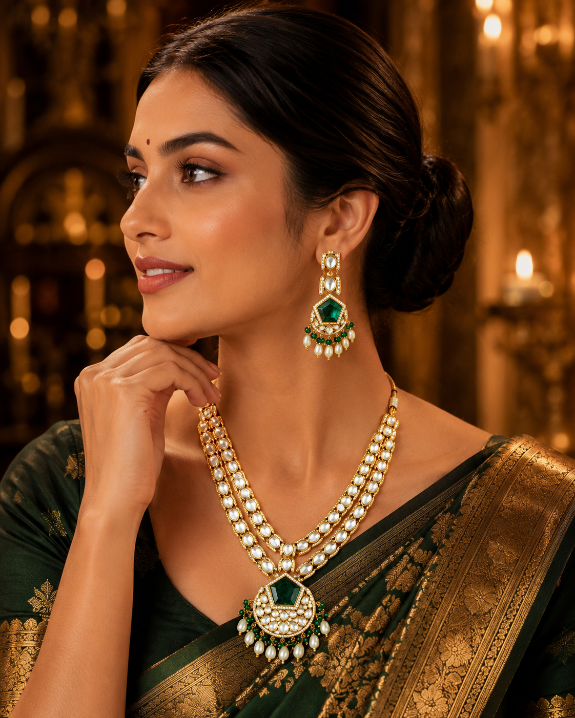 Emerald Heritage Double Layer Polki Necklace Set