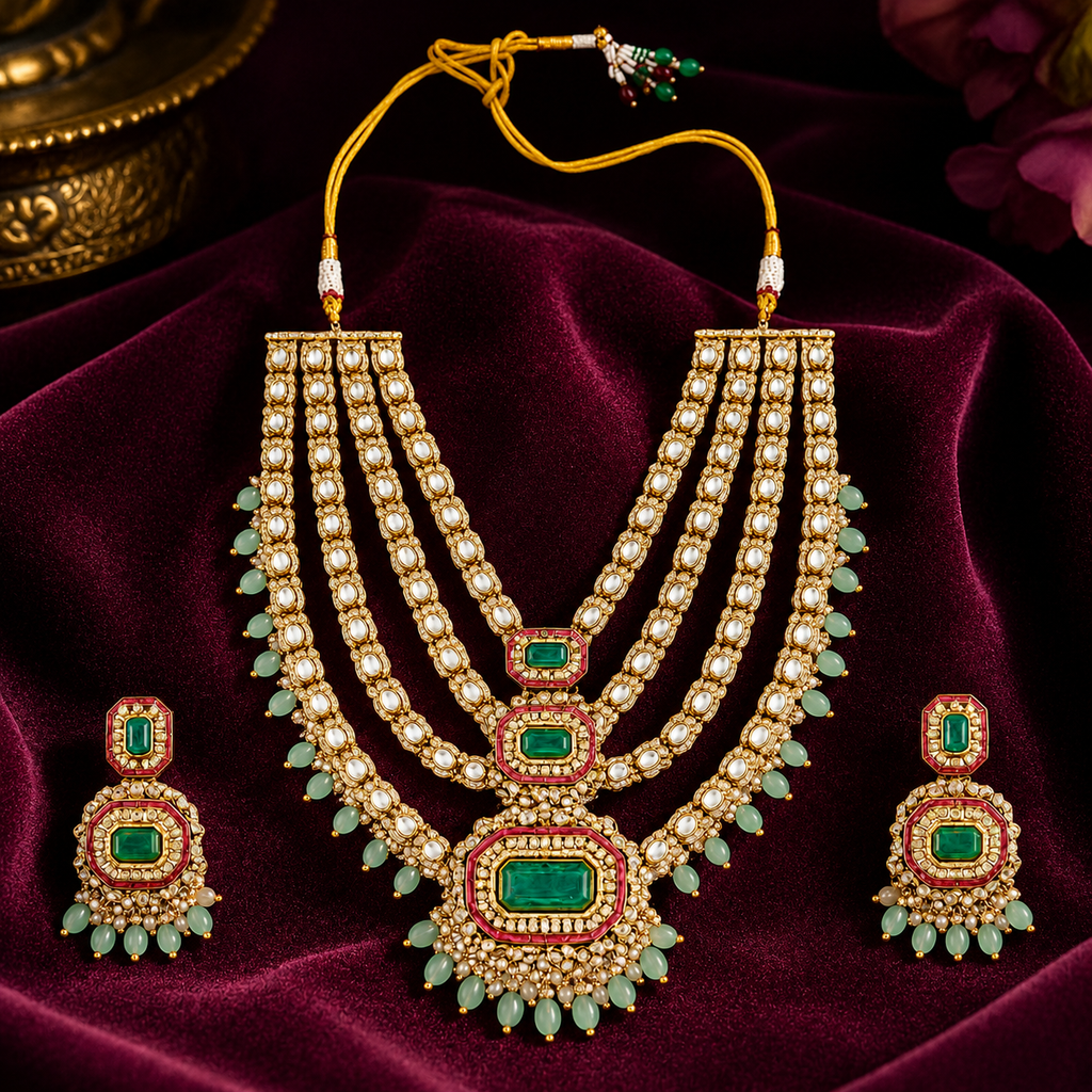 Royal Emerald Multi Layer Kundan Bridal Necklace Set