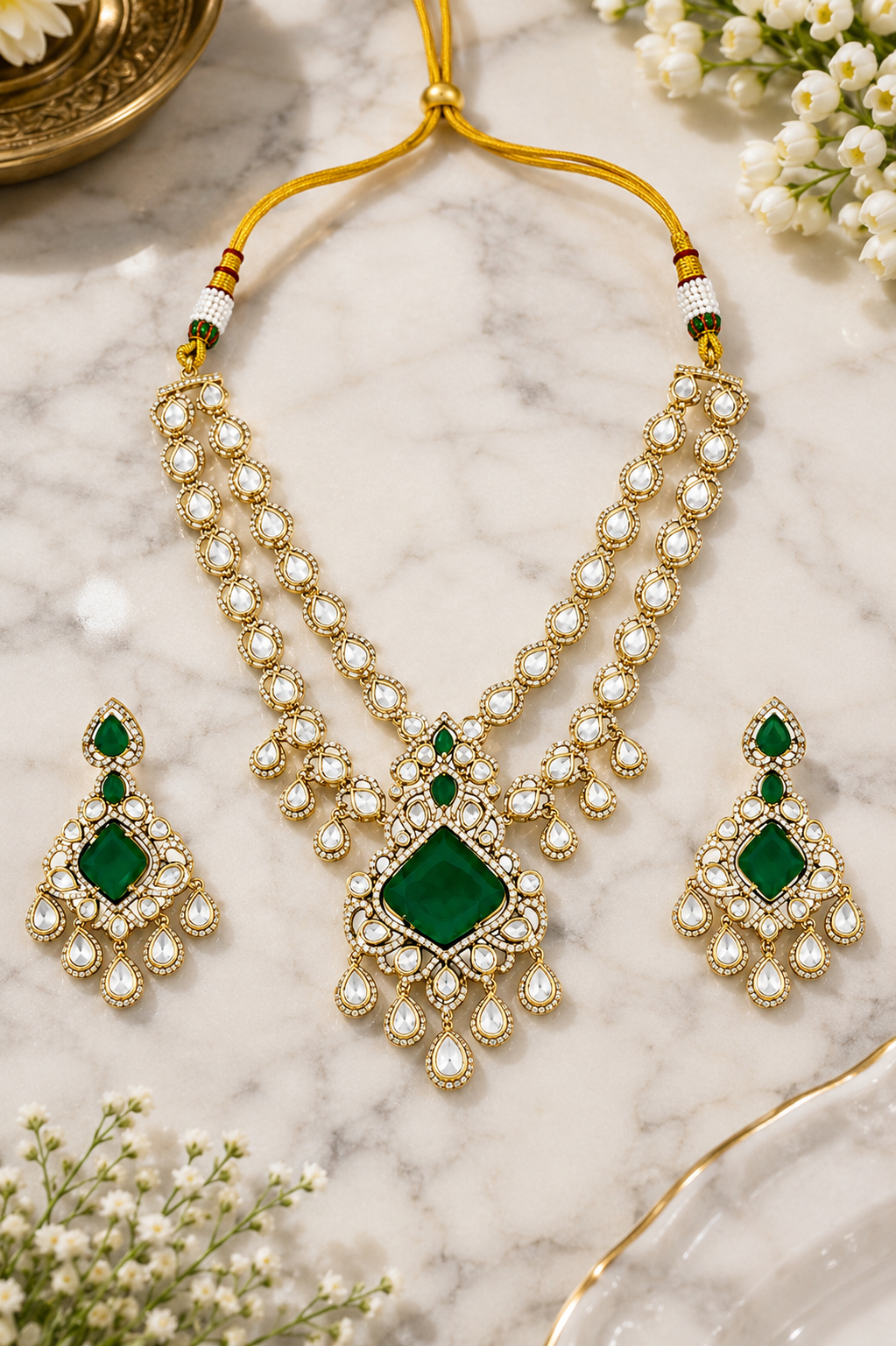 Emerald Grace Polki Pendant Necklace Set