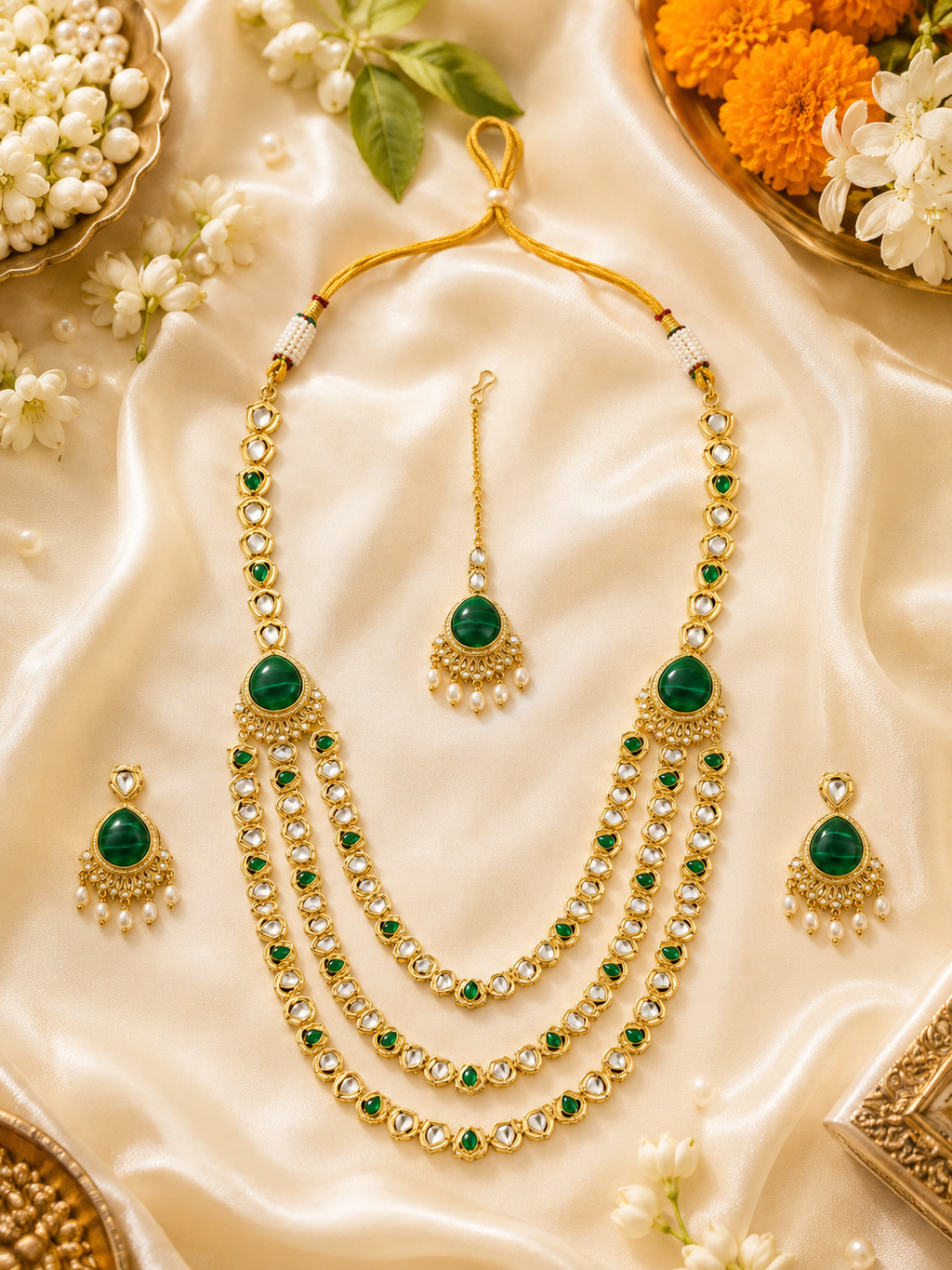Emerald Grace Three Layer Kundan Necklace Set