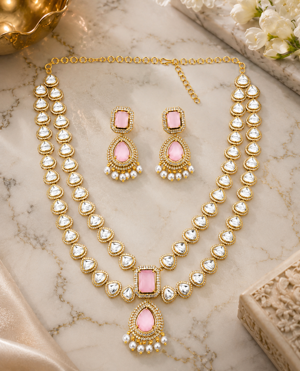 Blush Royale Polki Pendant Necklace Set