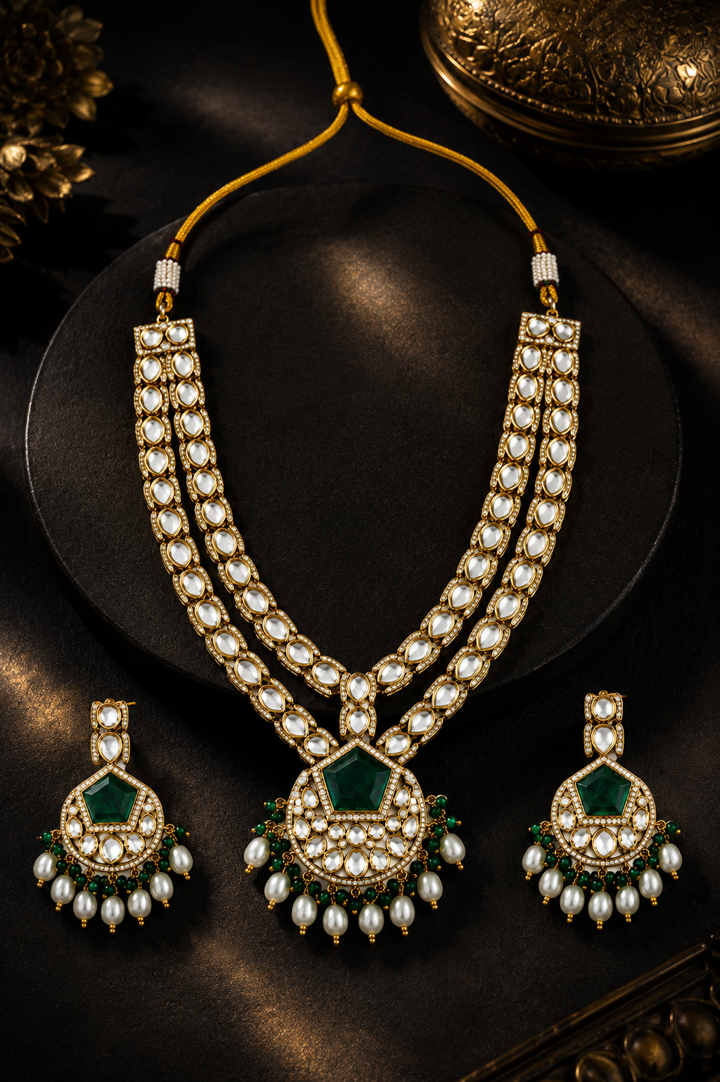 Emerald Heritage Double Layer Polki Necklace Set
