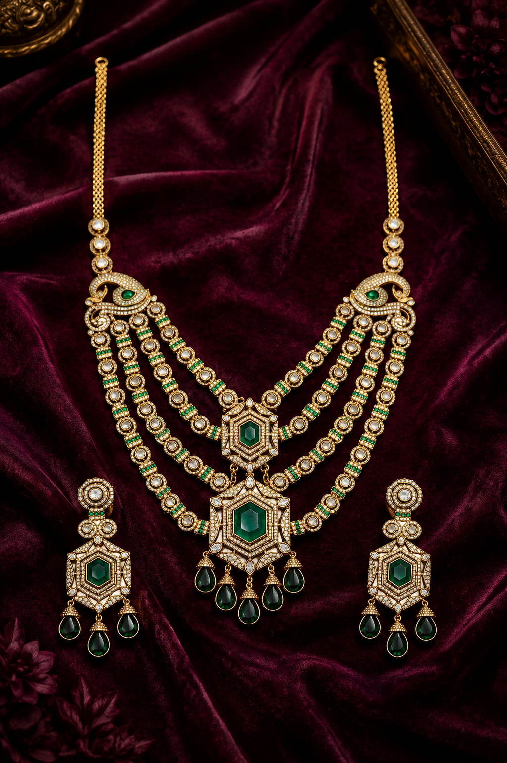 Peacock Majesty Layered Emerald Necklace Set