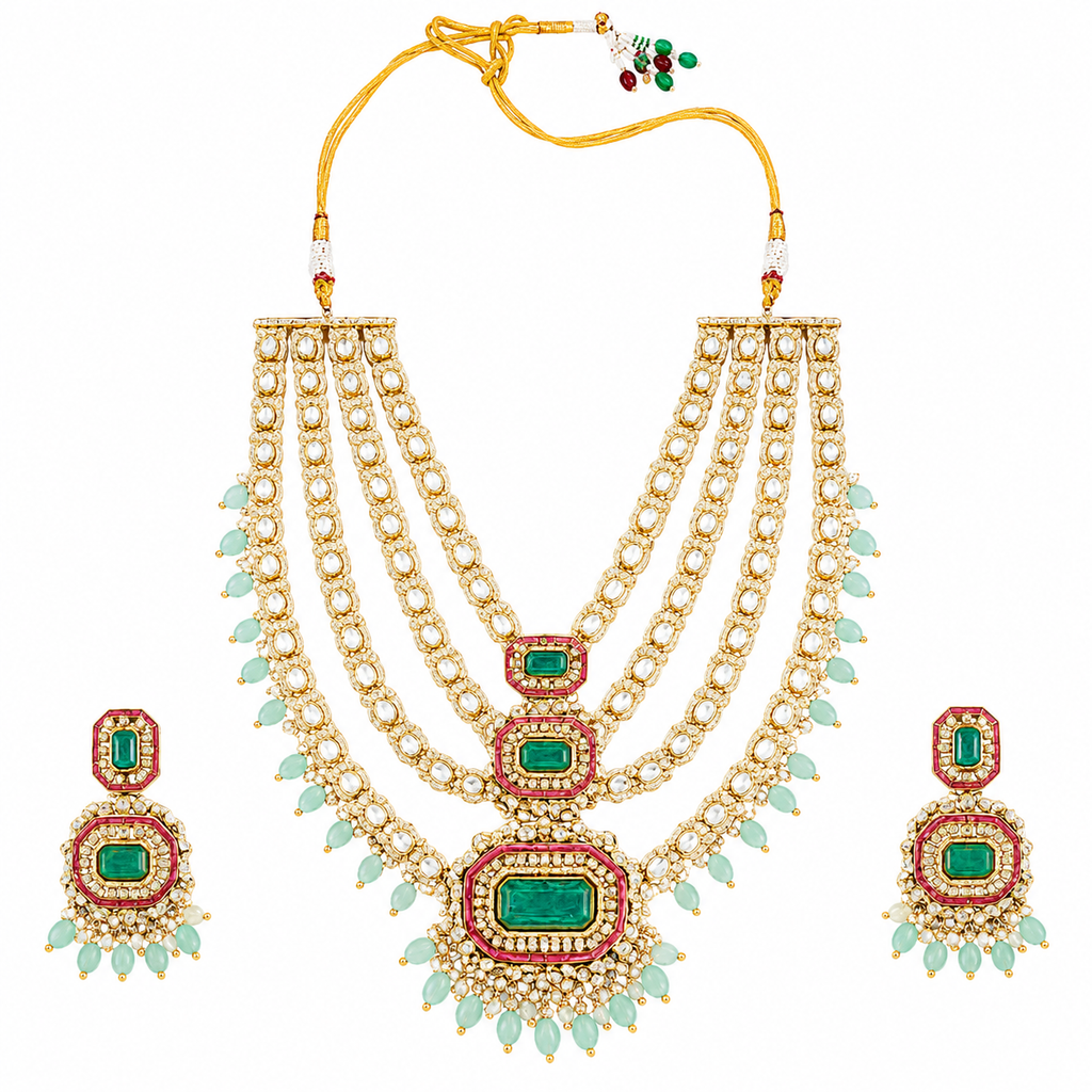 Royal Emerald Multi Layer Kundan Bridal Necklace Set