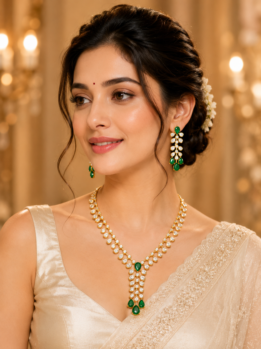Emerald Drop Polki Necklace Set with Long Earrings
