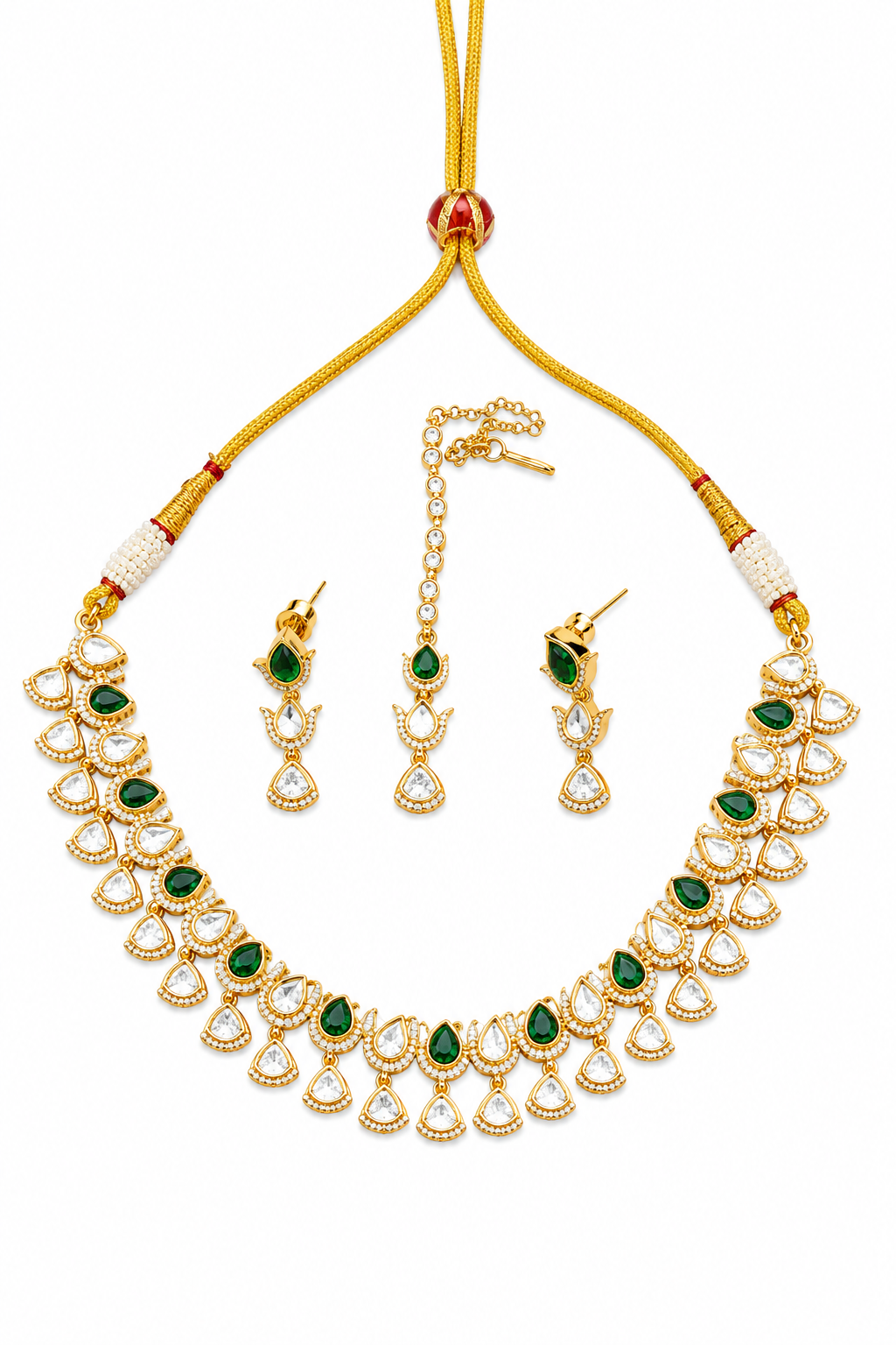 Emerald Kundan Dori Necklace Set with Maang Tikka