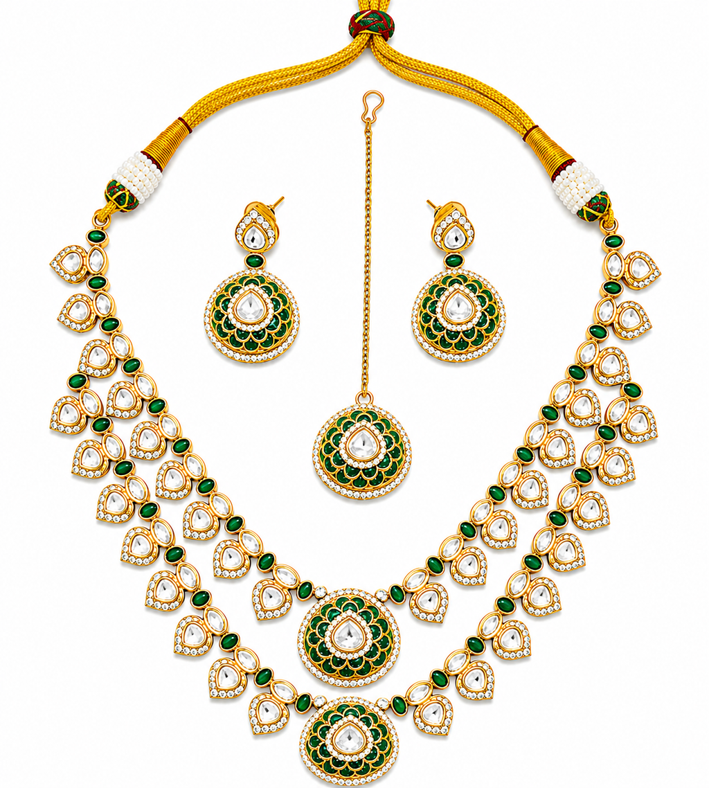 Royal Emerald Dori Polki Necklace Set with Maang Tikka