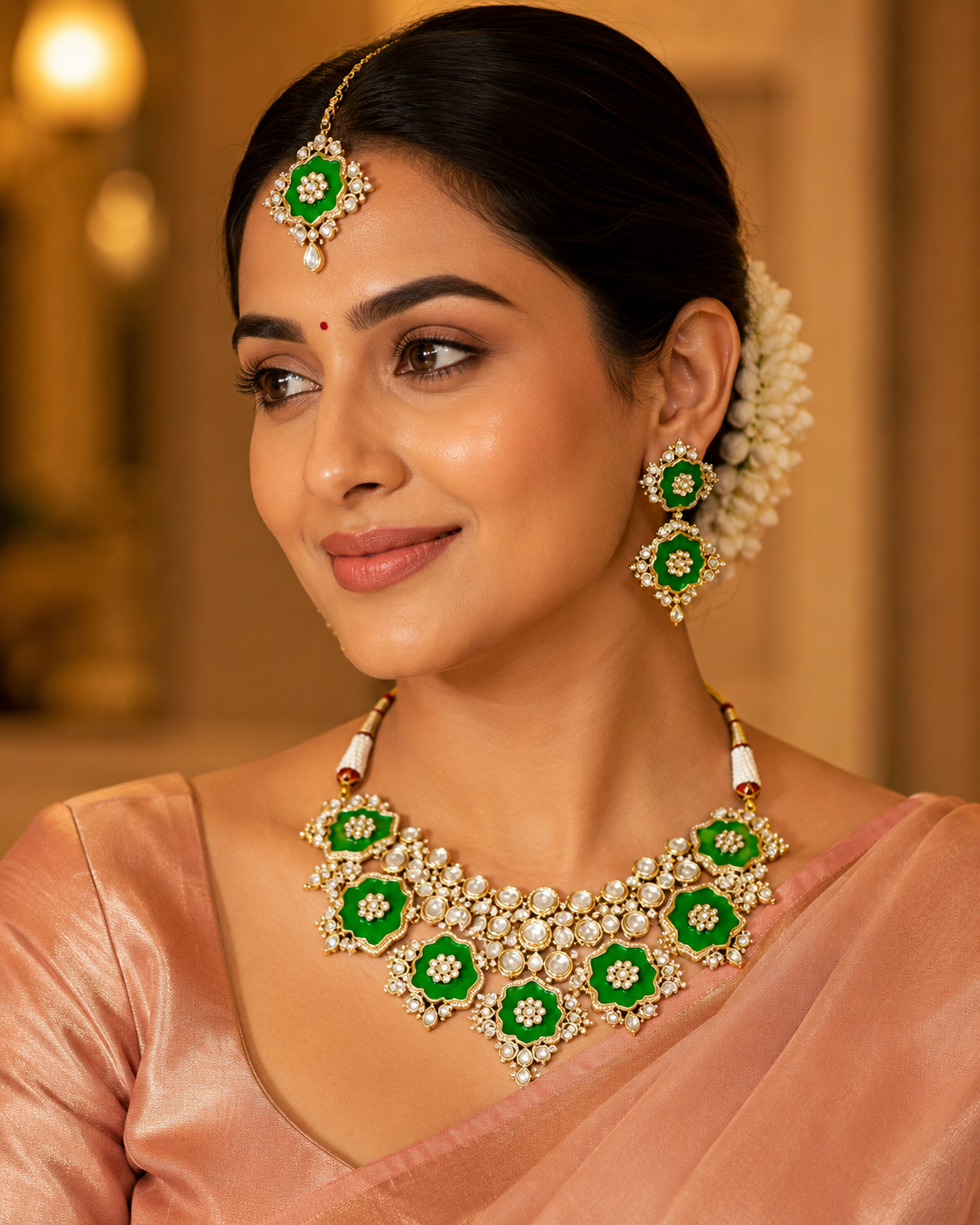 Emerald Floral Polki Bridal Necklace Set