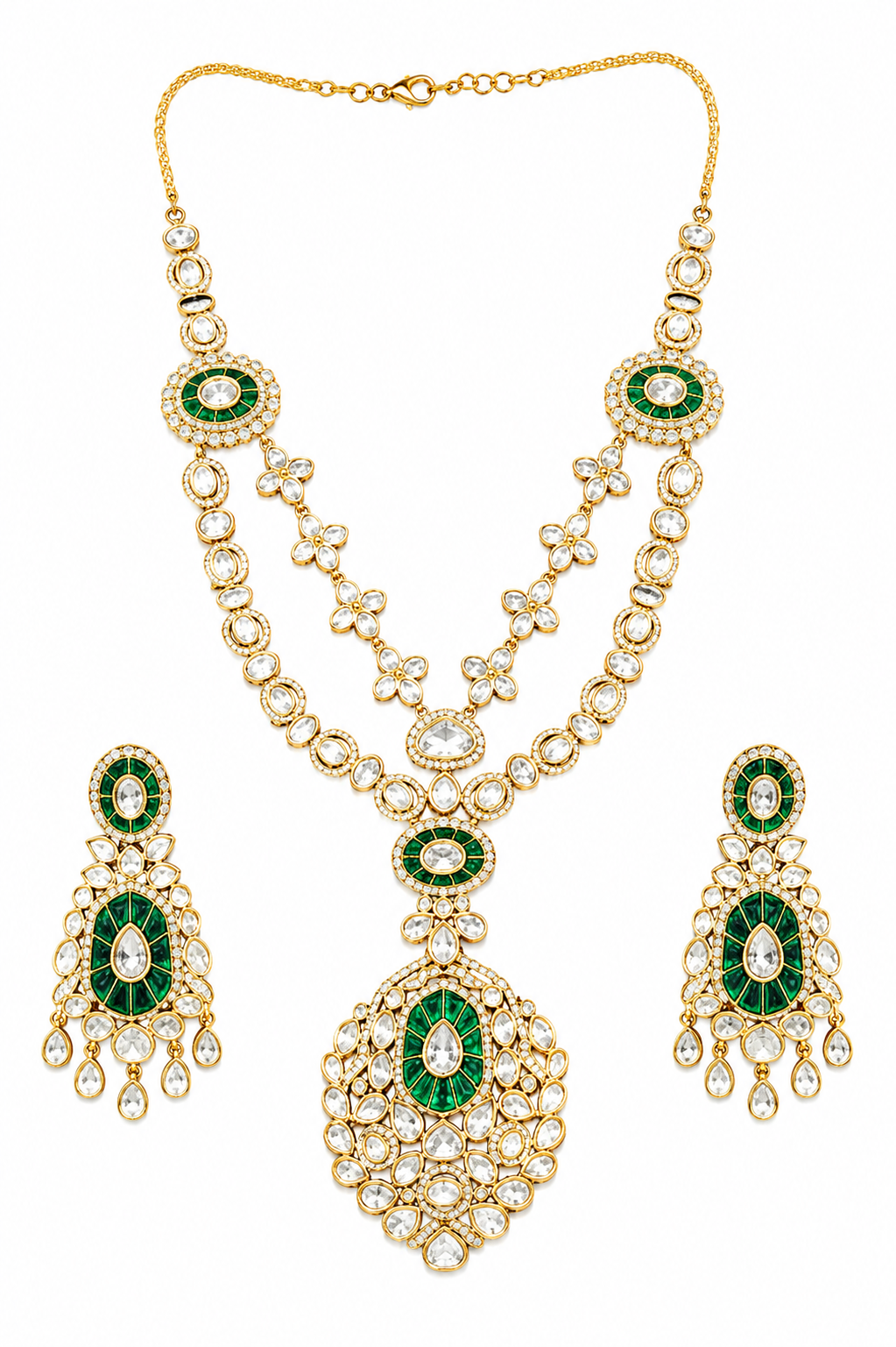 Emerald Polki Pendant Necklace Set