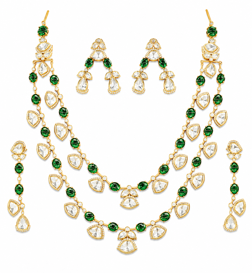 Emerald Double Layer Crystal Necklace Set