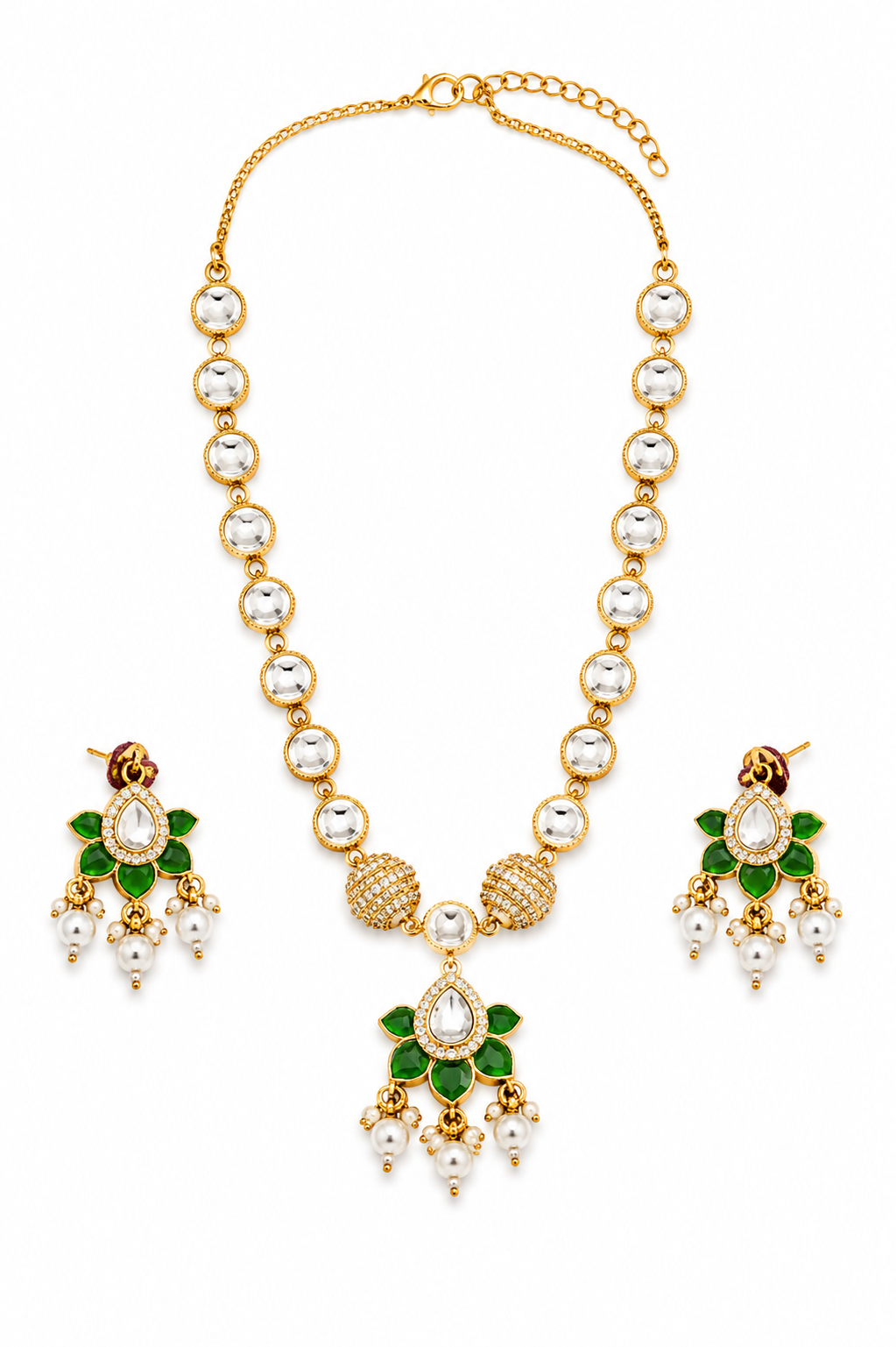 Green Floral Pearl Pendant Necklace Set