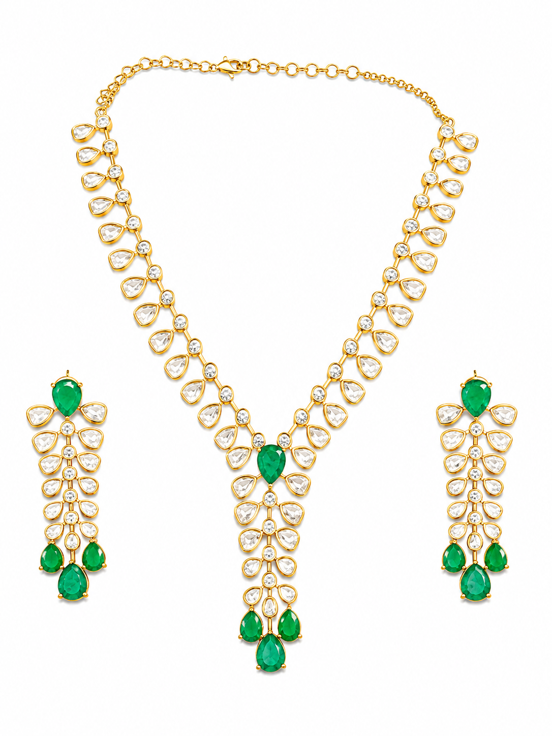 Emerald Drop Polki Necklace Set with Long Earrings