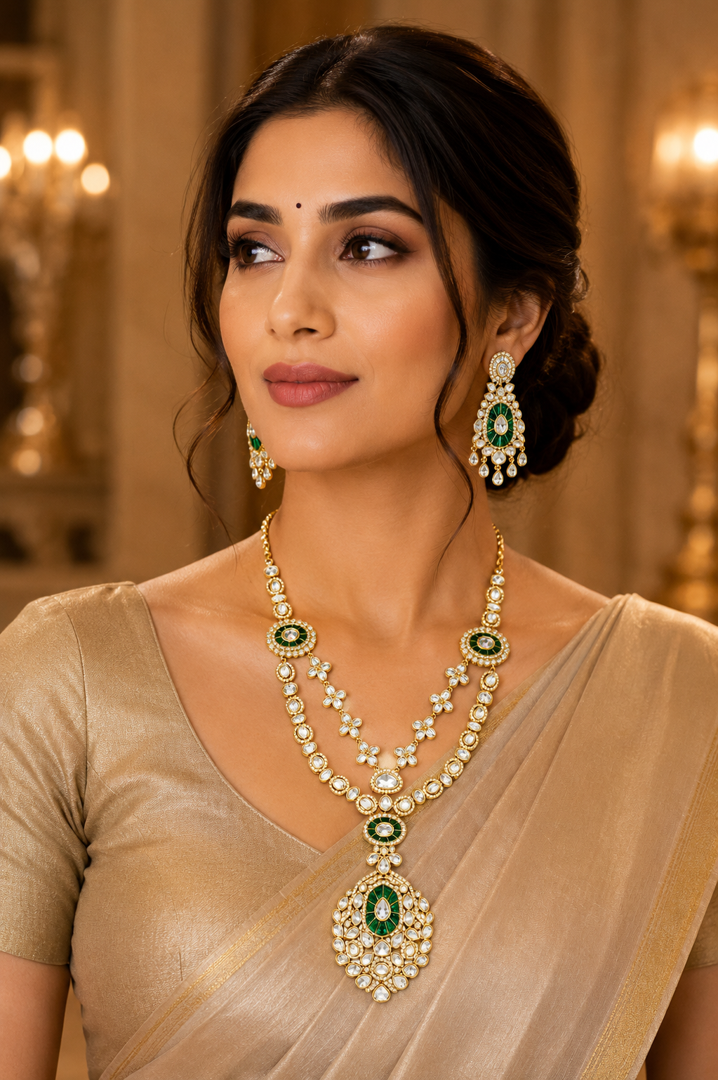Emerald Polki Pendant Necklace Set