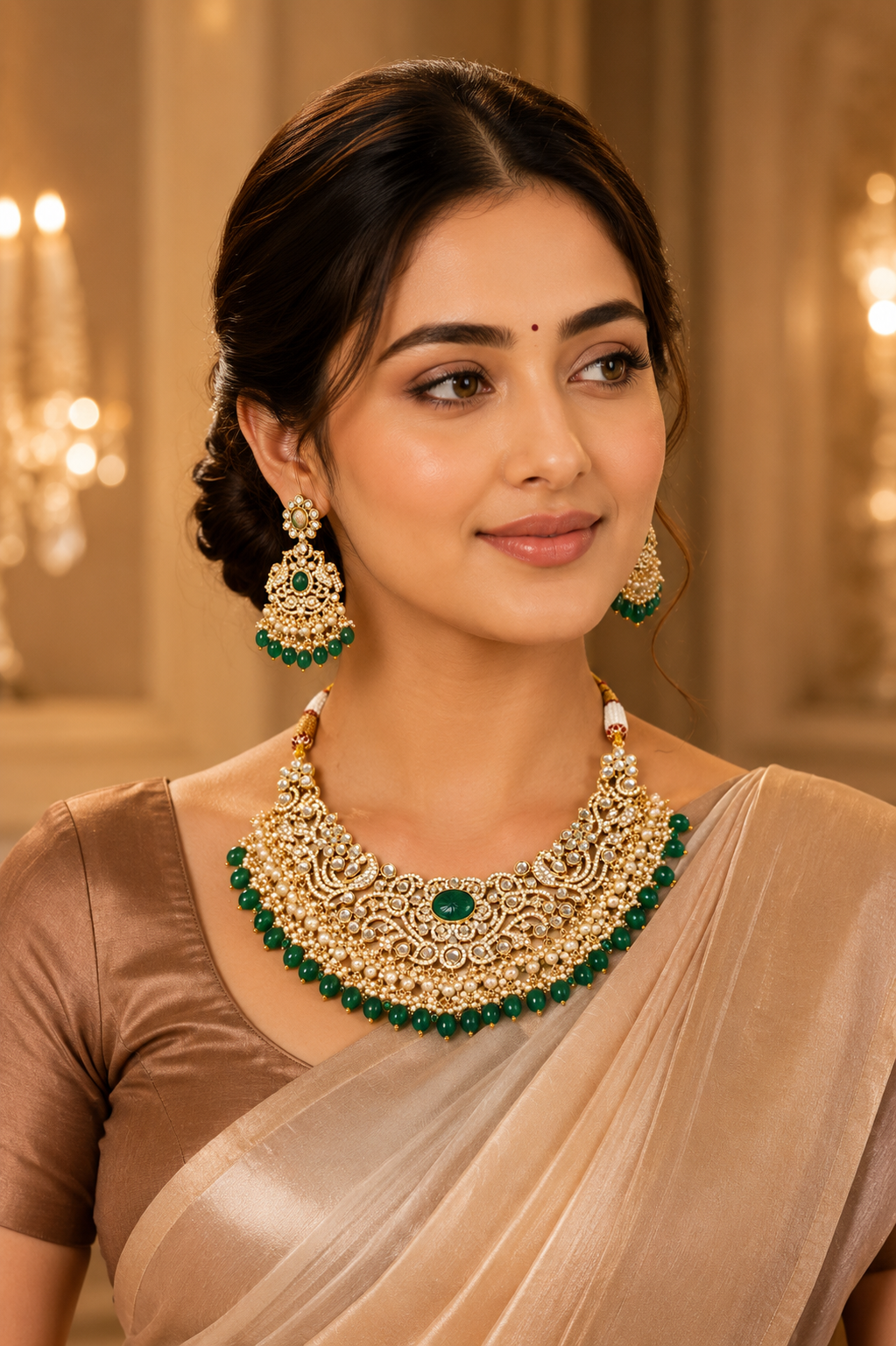 Emerald Pearl Polki Bridal Choker Set