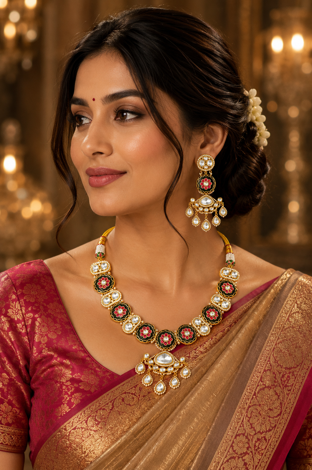 Black Floral Kundan Necklace Set