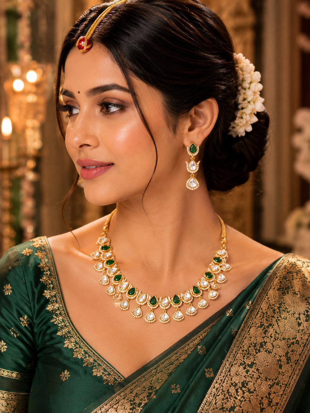 Emerald Kundan Dori Necklace Set with Maang Tikka