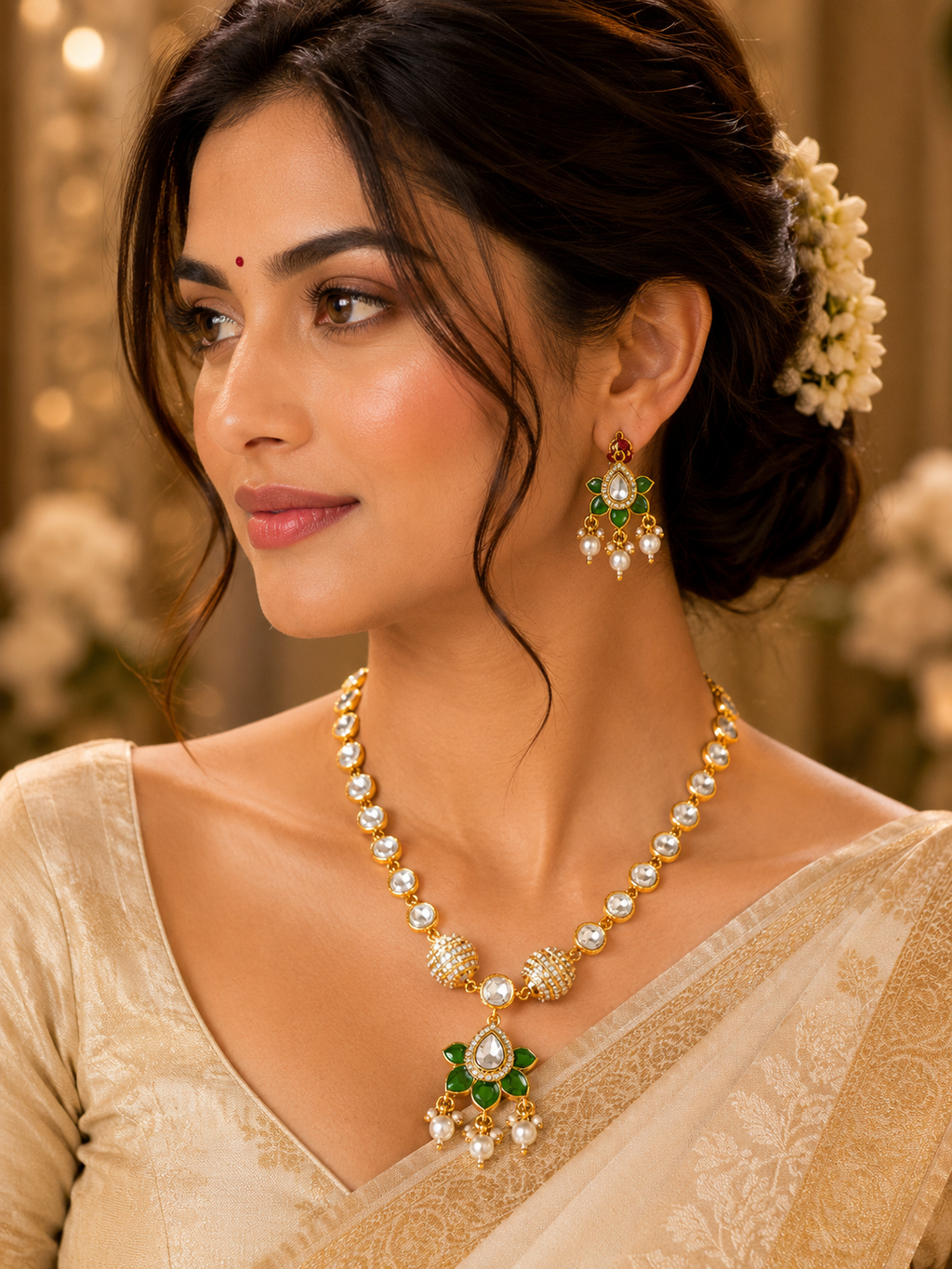 Green Floral Pearl Pendant Necklace Set
