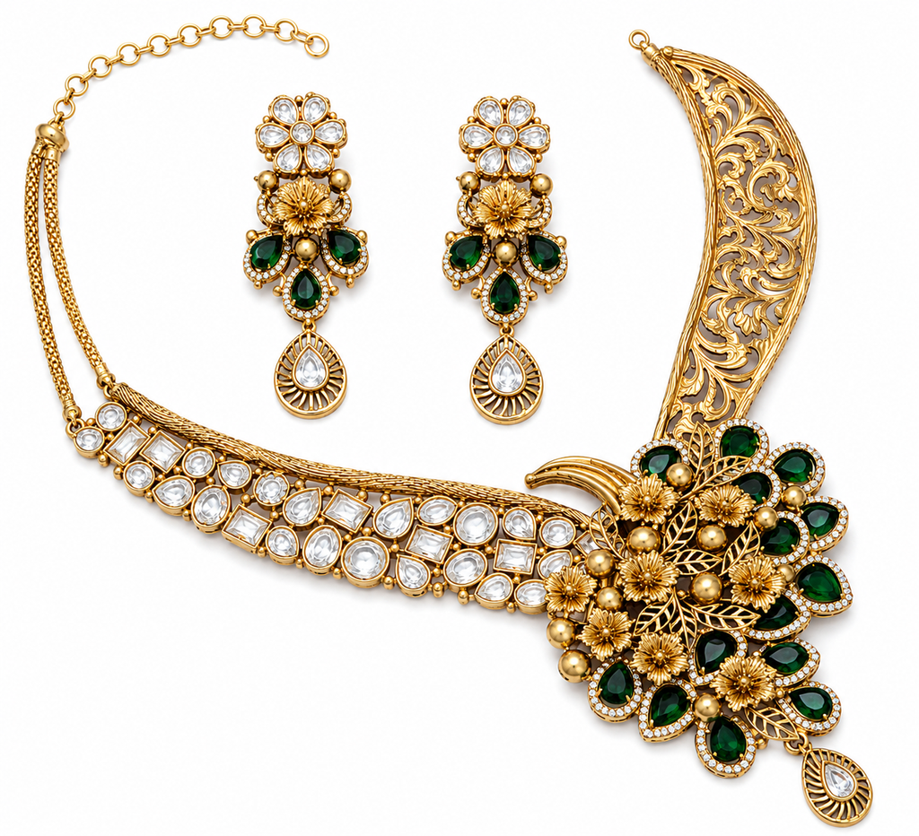 Emerald Floral One-Sided Necklace Set